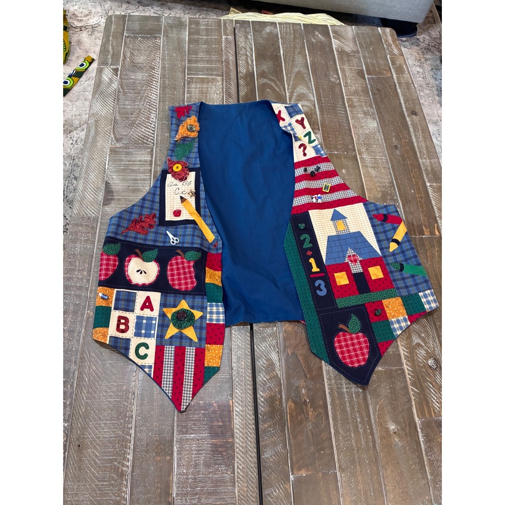 Vintage Teacher School Patchwork Vest Apples ABC Schoolhouse Multicolor